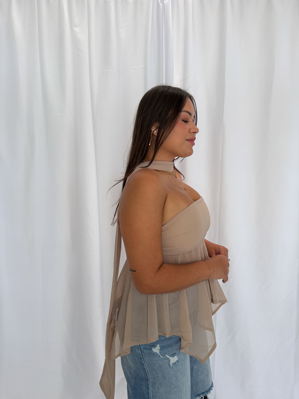 Taupe Strapless Chiffon Scarf Top