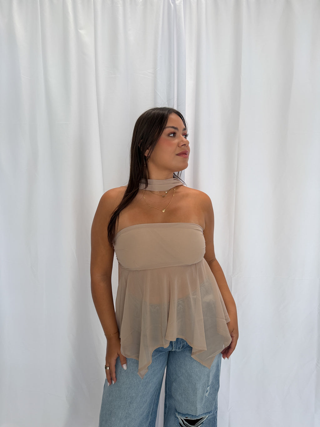 Taupe Strapless Chiffon Scarf Top