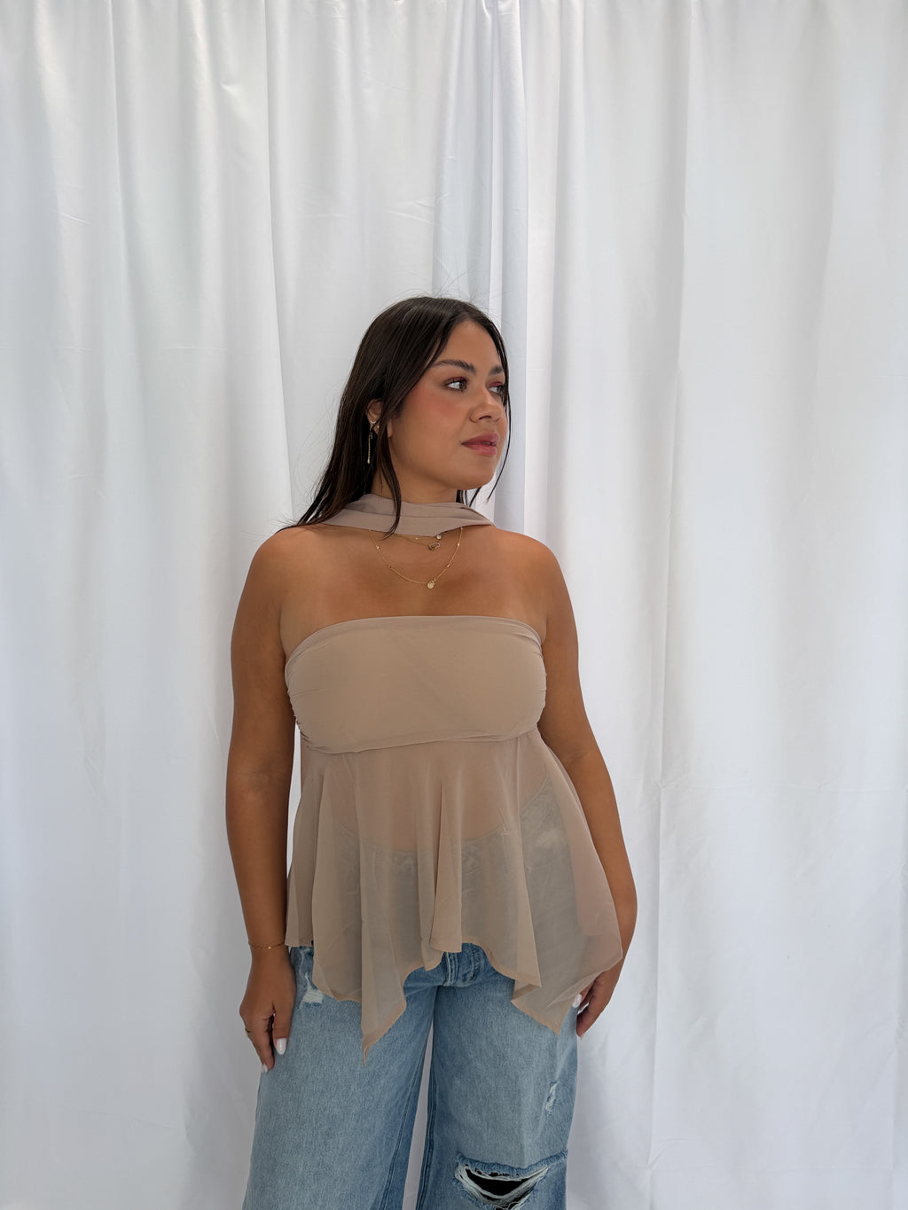 Taupe Strapless Chiffon Scarf Top