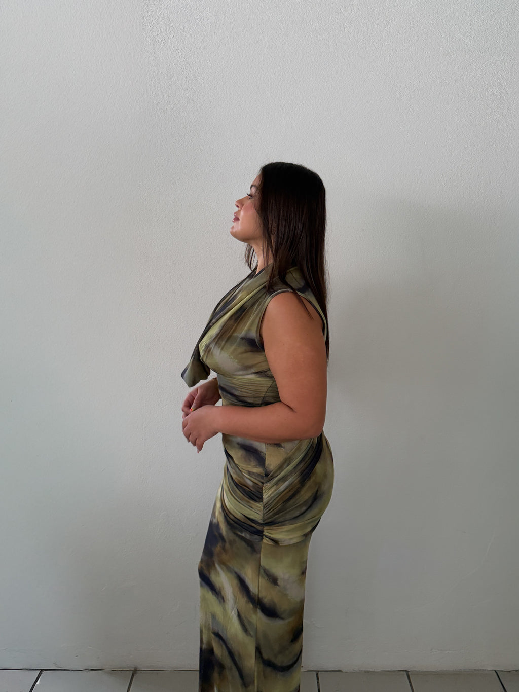 Olive Mesh Cowl Dress