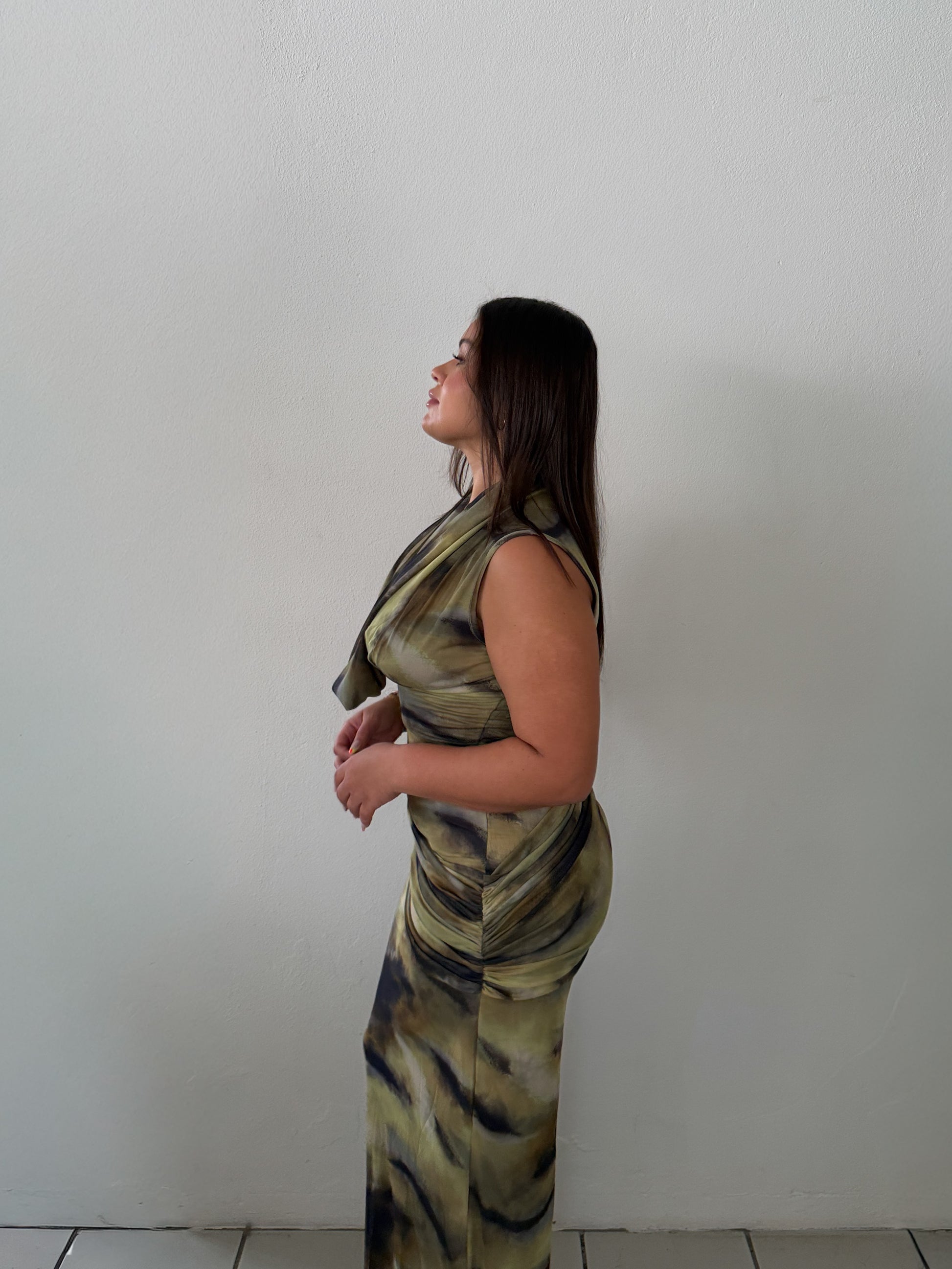 Olive Mesh Cowl Dress