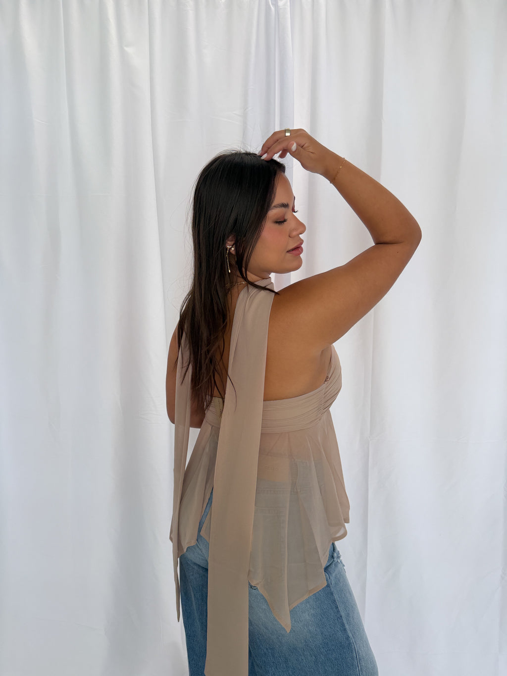 Taupe Strapless Chiffon Scarf Top