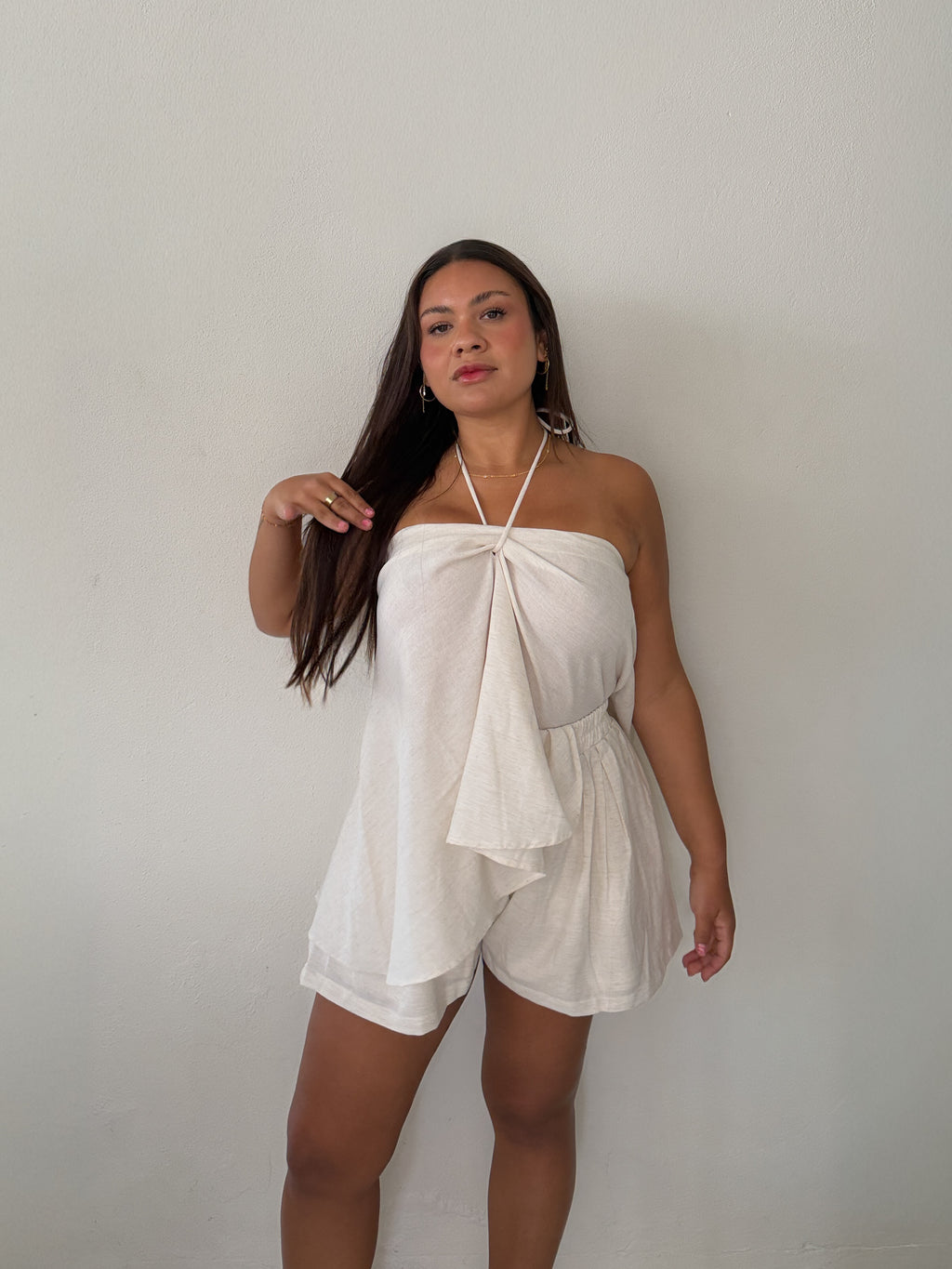 Natural Halter Asymmetrical Top and Shorts Set