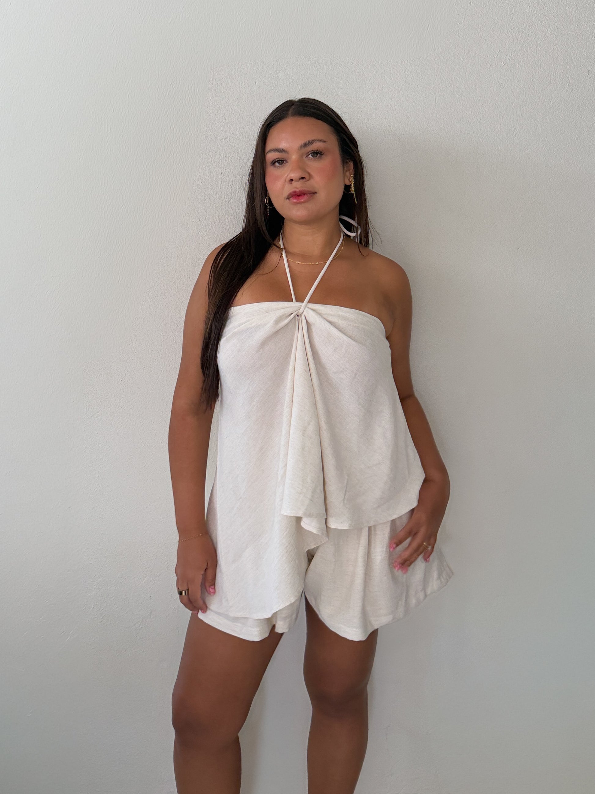 Natural Halter Asymmetrical Top and Shorts Set
