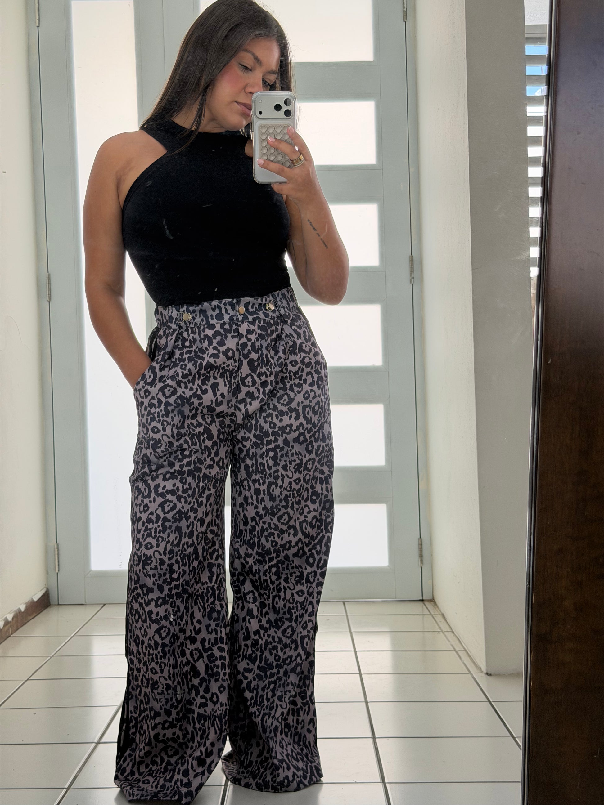Leopard Wide-Leg Pants (BLACK)