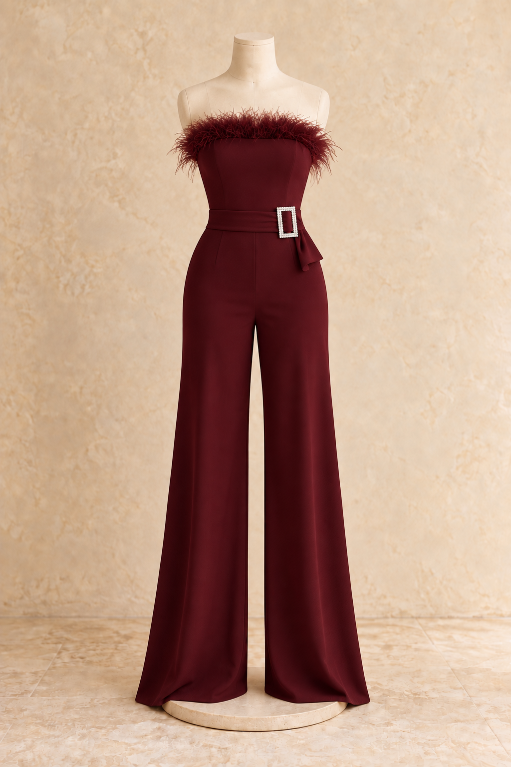 Wine Strapless Feather Jumpsuit