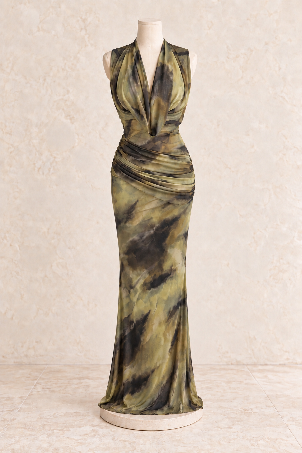 Olive Mesh Cowl Dress