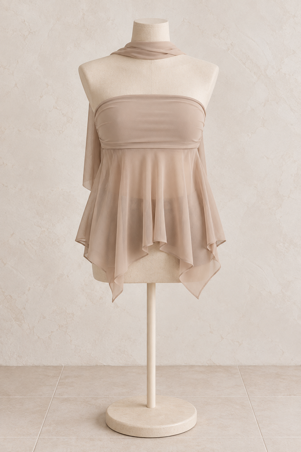 Taupe Strapless Chiffon Scarf Top