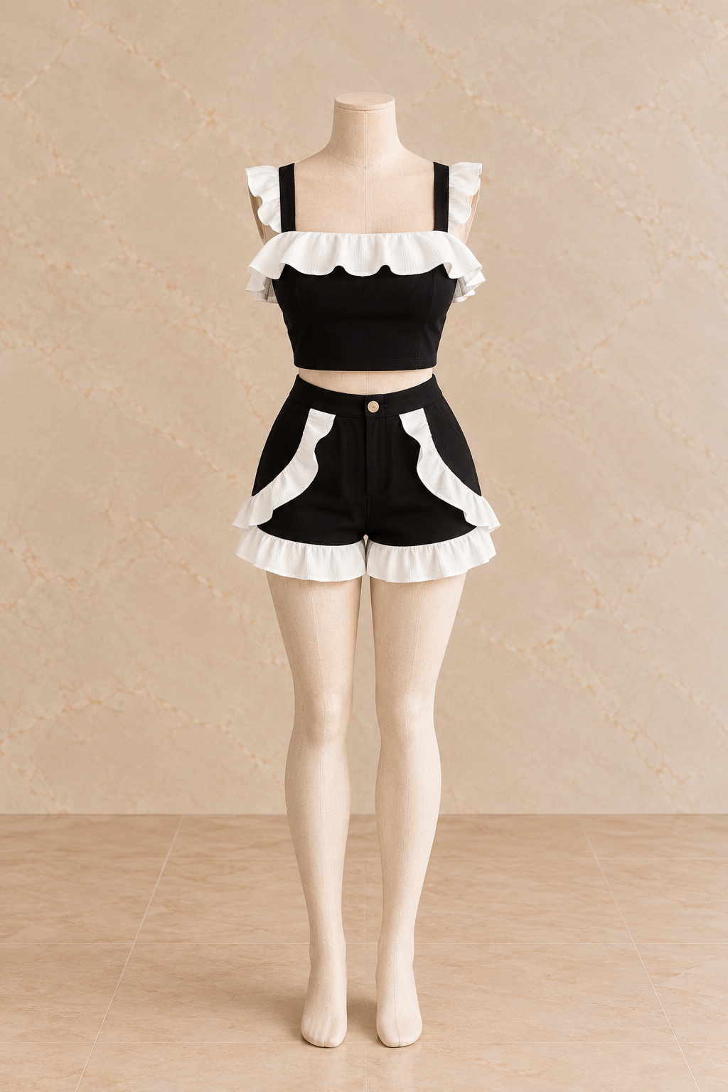 Knit Ruffle Short Set (Black & Whit