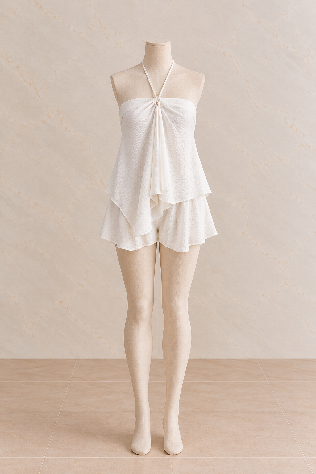 Natural Halter Asymmetrical Top and Shorts Set