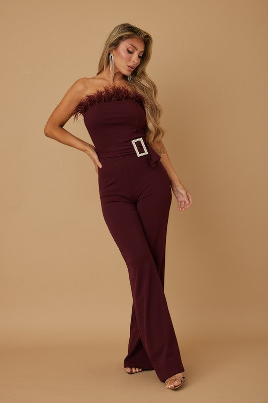 Wine Strapless Feather Jumpsuit