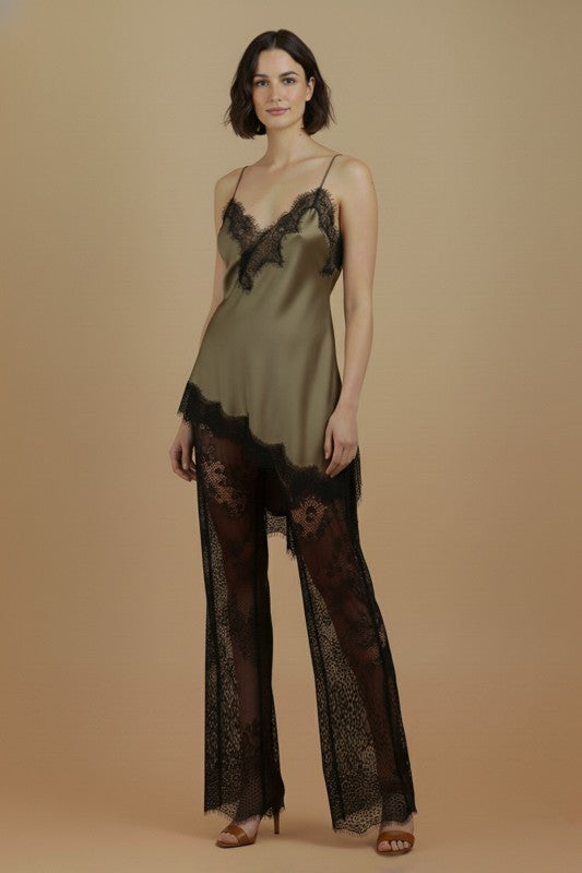 Satin Cami with Sheer Lace Pants Set