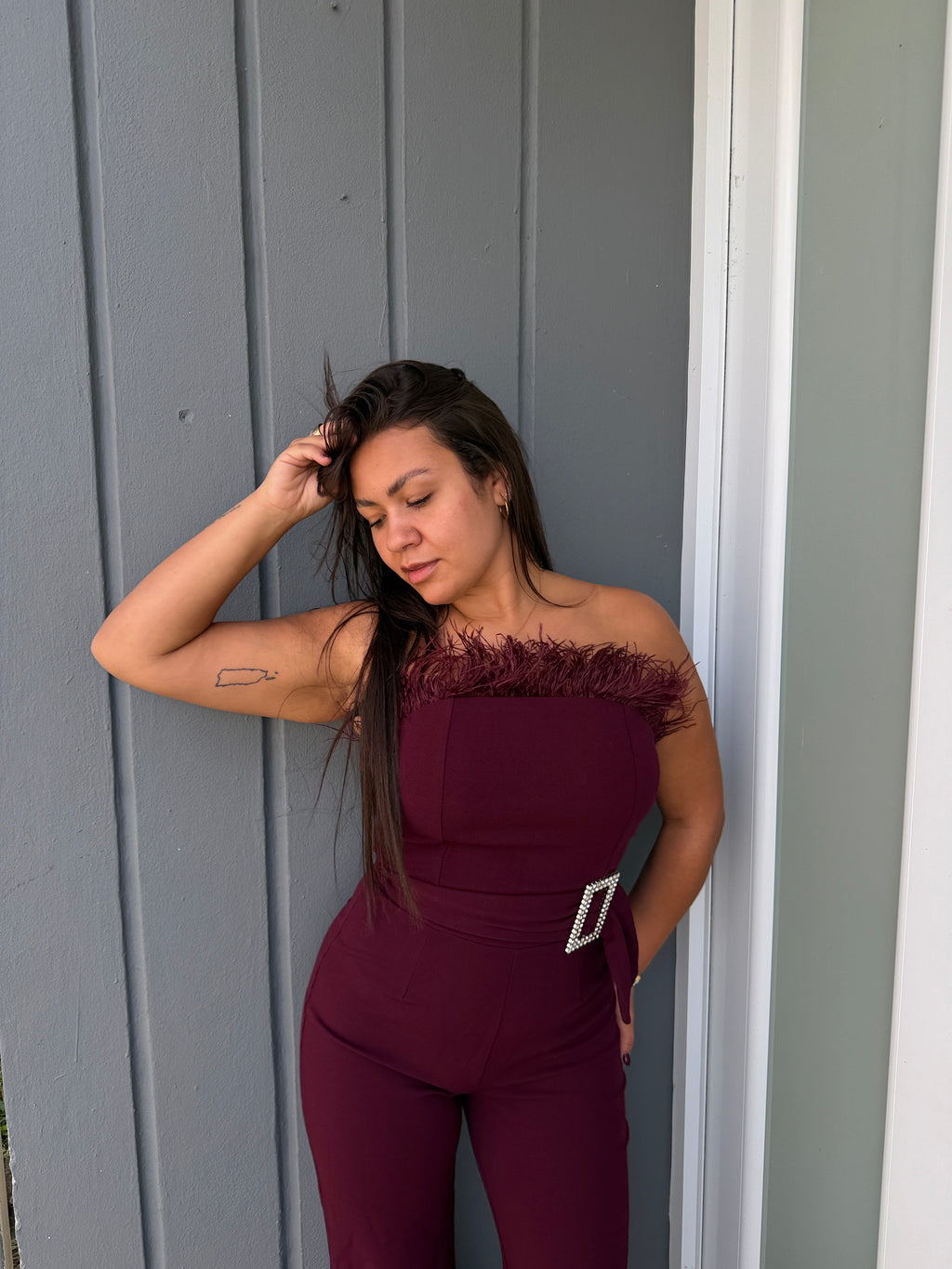 Wine Strapless Feather Jumpsuit