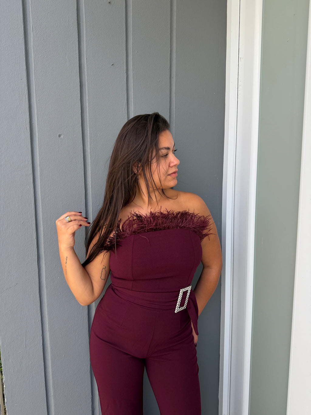 Wine Strapless Feather Jumpsuit