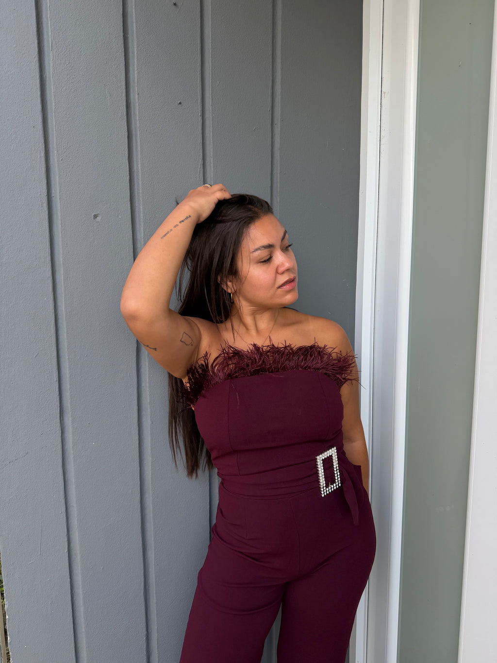 Wine Strapless Feather Jumpsuit