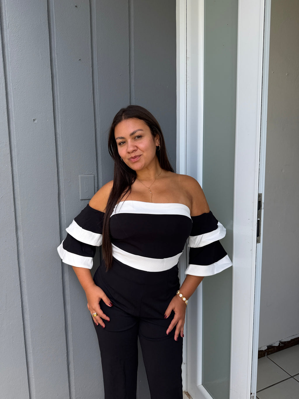 Off-Shoulder Black & White Jumpsuit