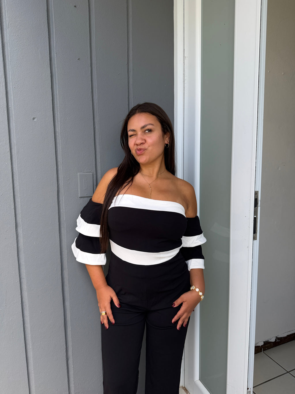 Off-Shoulder Black & White Jumpsuit