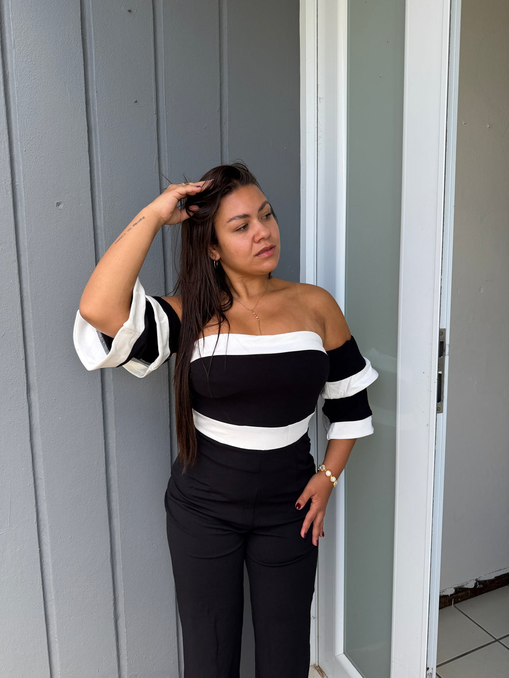 Off-Shoulder Black & White Jumpsuit