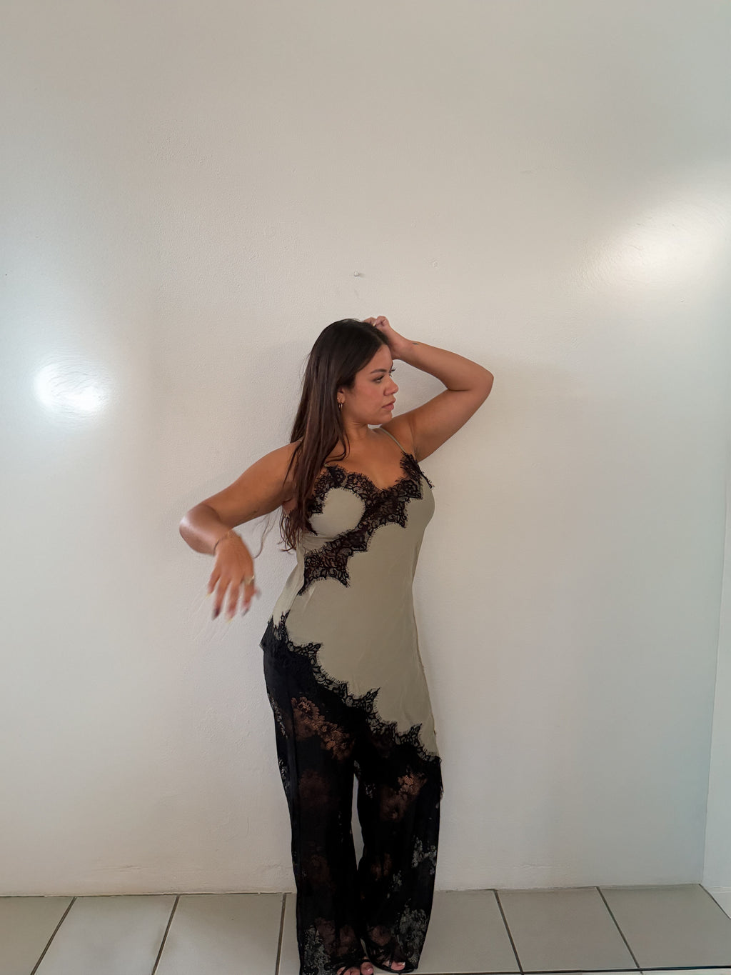 Satin Cami with Sheer Lace Pants Set