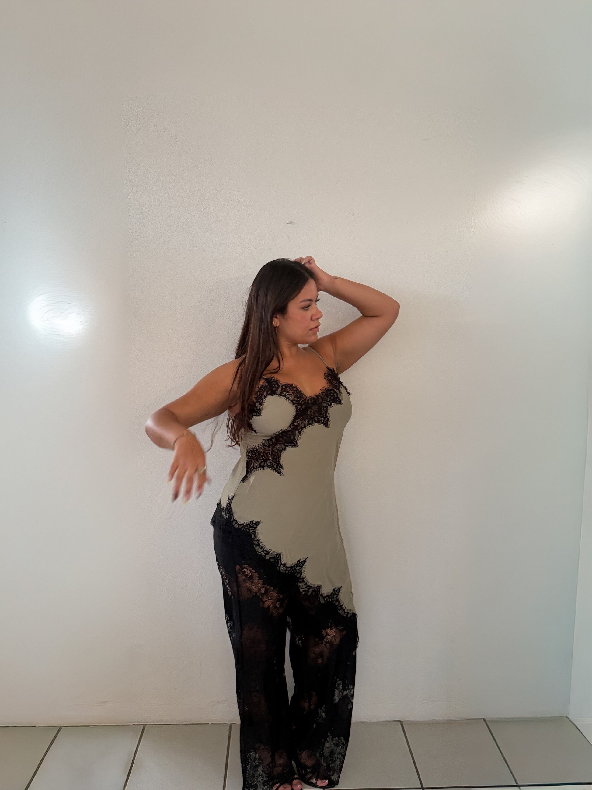 Satin Cami with Sheer Lace Pants Set
