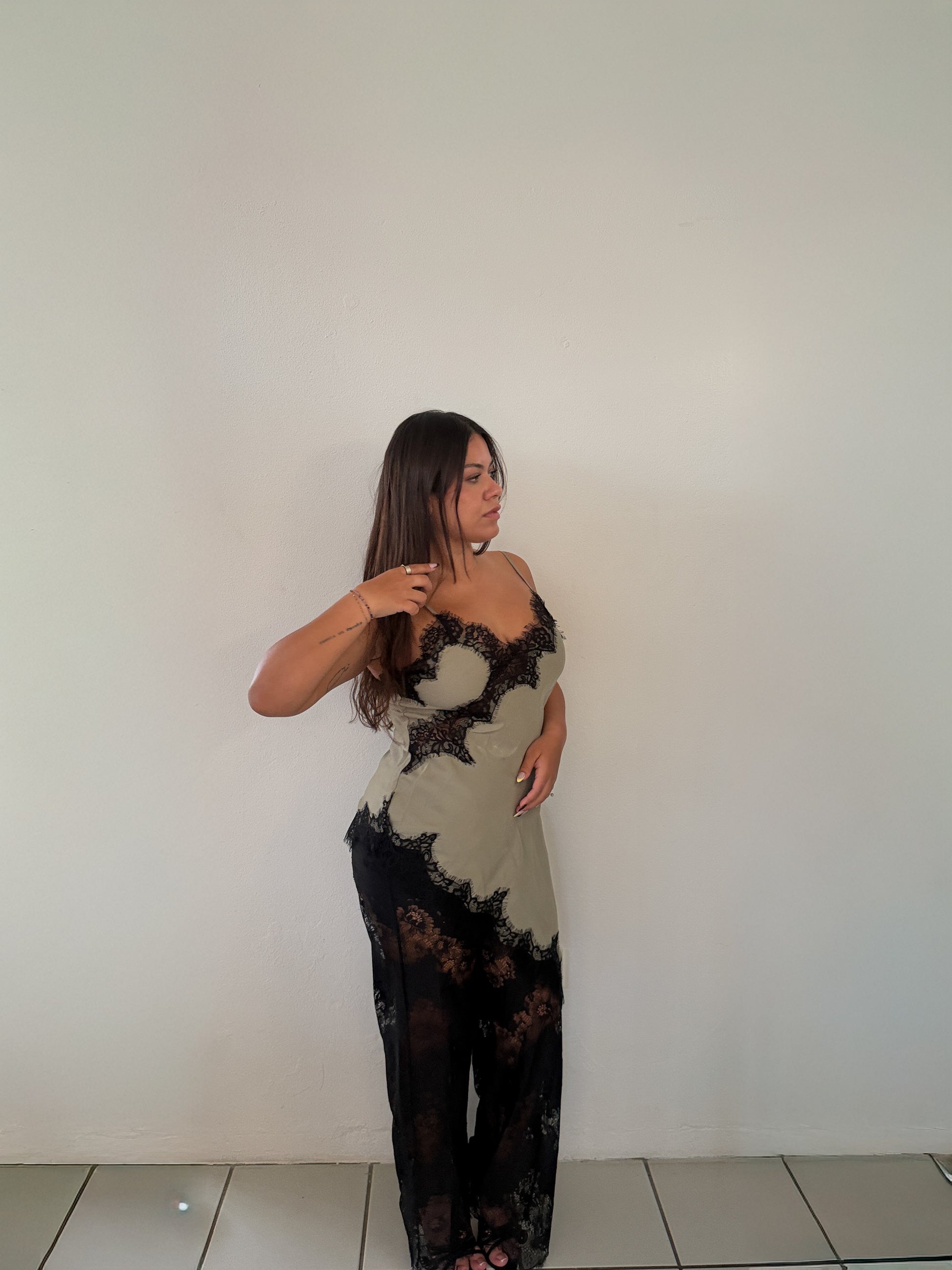 Satin Cami with Sheer Lace Pants Set