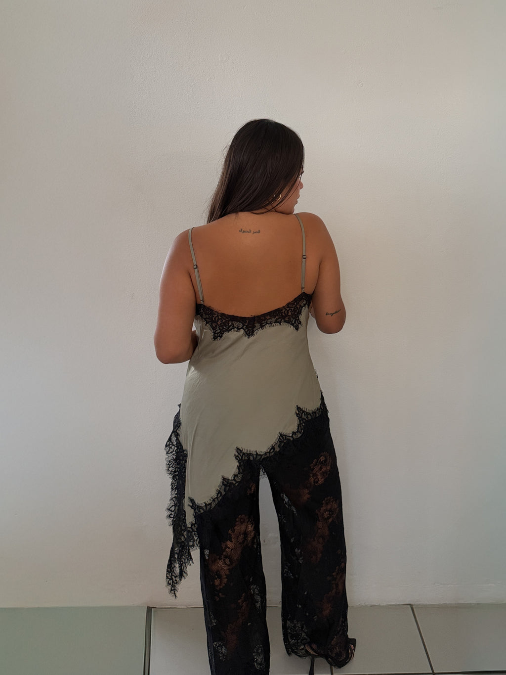 Satin Cami with Sheer Lace Pants Set