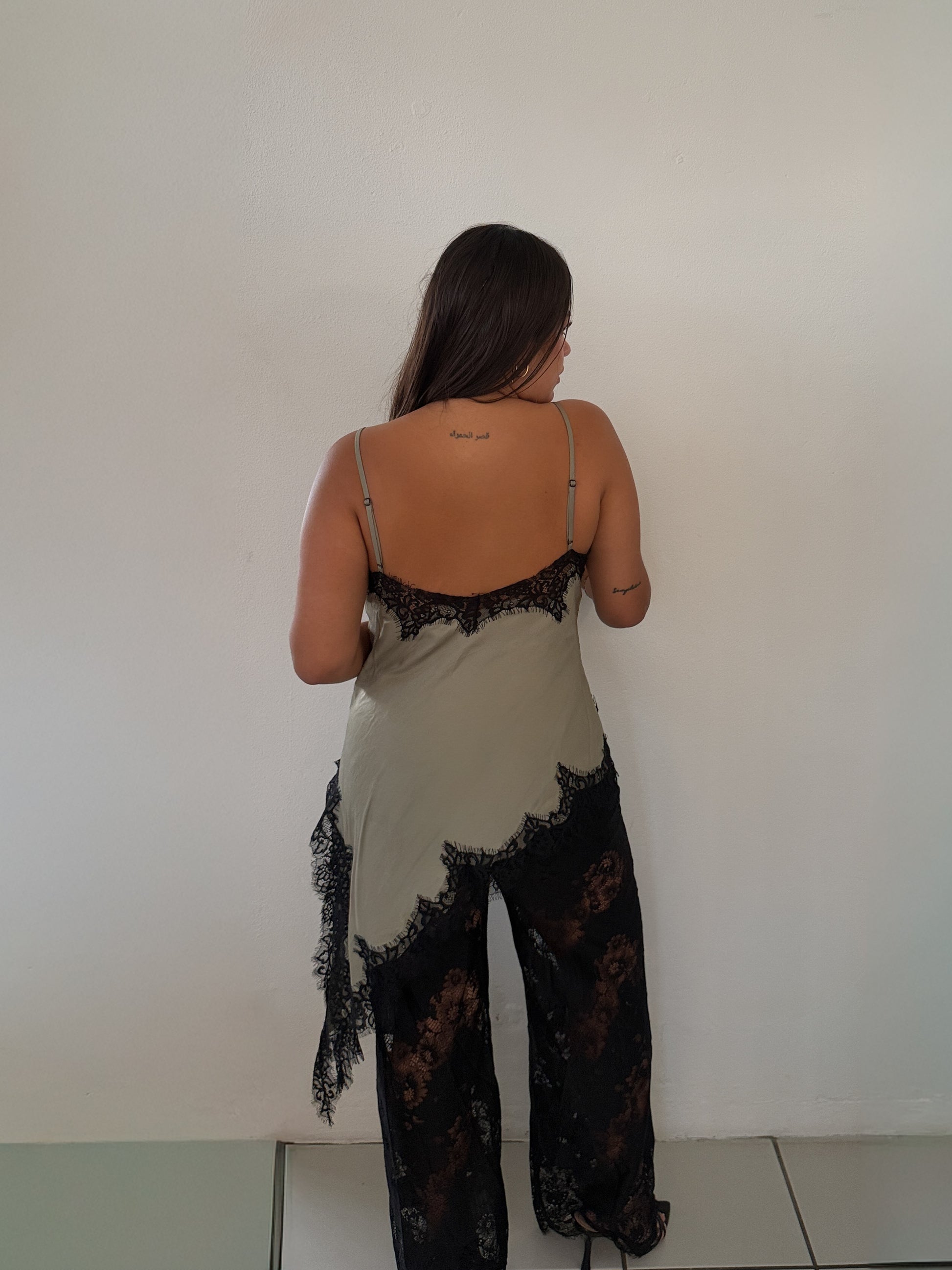 Satin Cami with Sheer Lace Pants Set